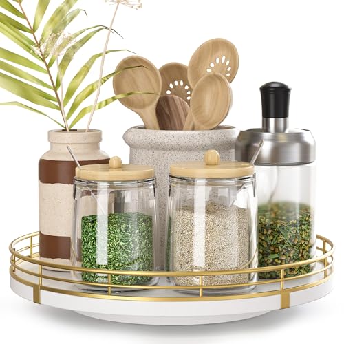 9 Inch Wooden Lazy Susan Spice Organizer for Cabinet (White & Gold / 9)