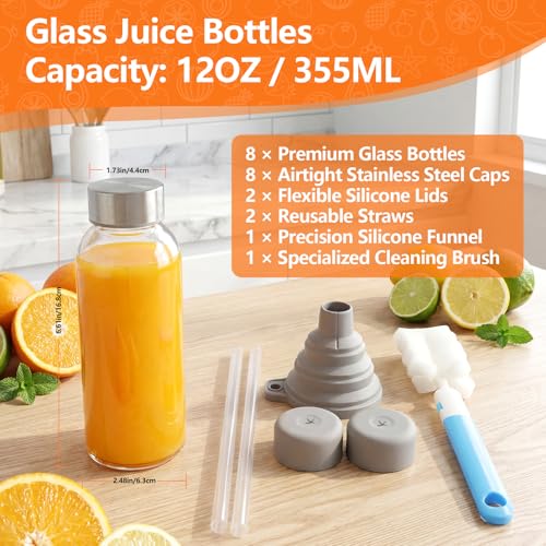 Glass Juice Bottles with Lid 12 oz (Clear Glass Bottle 8 Pack / 12 Ounces)