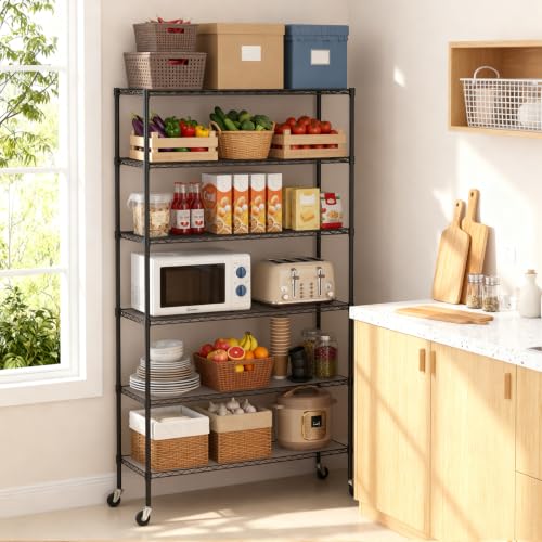 6 Tier Wire Storage Shelves with PP Shim (Black / 45×18×82 with PP Shim)