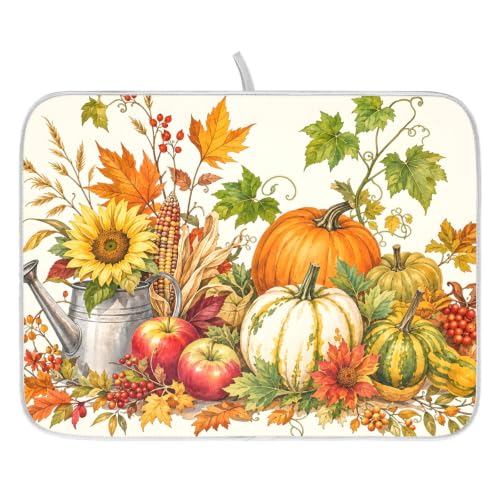 Autumn Fall Harvest Pumpkins Dish Drying Mat for Kitchen Counter Absorbent Microfiber Small Drying Pad Dish mats for Kitchen Countertops 16 x 18 Inch (Thanksgiving Harvest Pumpkins / 18" x 16")