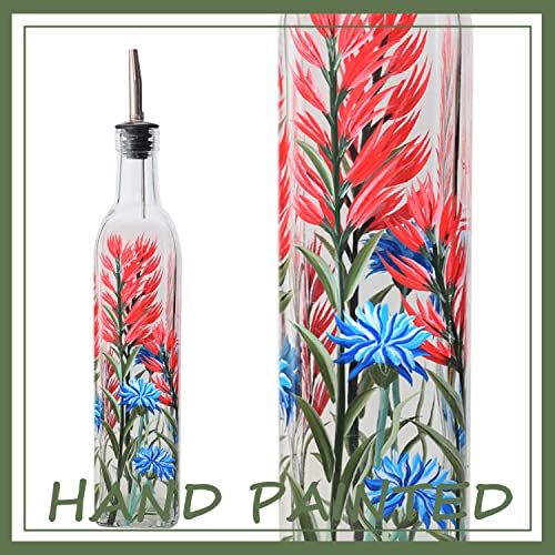 17oz Hand Painted Glass Olive Oil Bottle (Red and blue flower)
