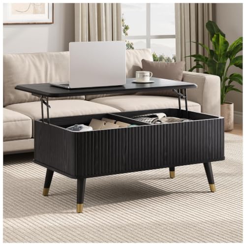 Black Lift Top Coffee Table with Storage for Living Room (Solid Black)