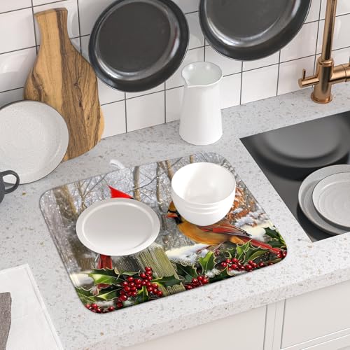 Winter Birds Dish Drying Mat Red Berry Dish Drainer Rack Mat Microfiber Absorbent Dish Drying Pad for Kitchen Counter Coffee Bar 16x18 Inch (Winter Red Birds / 16" x 18")