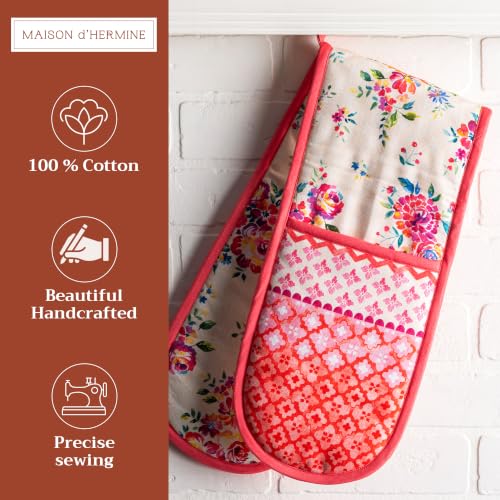Double Oven Mitts 100% Cotton Double Oven Glove (081 - Rose Garden / 7" x 35" (Double Oven Mitt))
