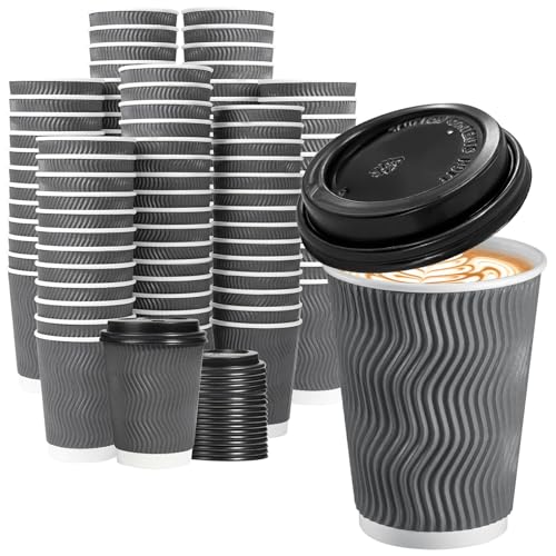 500 Pack 12 oz Insulated Disposable Coffee Cups With Lids (Gray / 12OZ-500Pack)