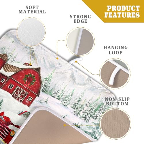 Winter Red Truck Dish Drying Mat Christmas Tree Dishes Pad 16x18 Inch Dish Drainer Rack Mats Absorbent Fast Dry Kitchen Holiday Accessories (Christmas Red Truck / 16" x 18")