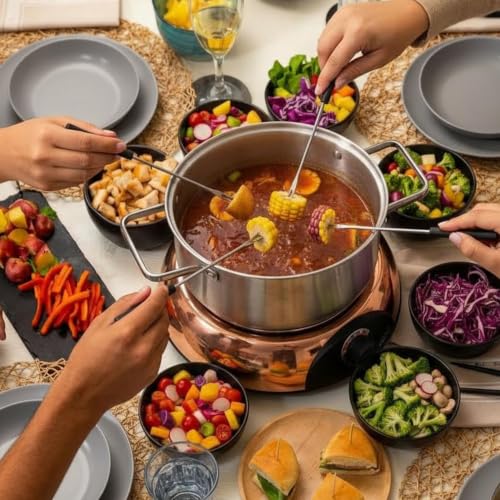Electric Fondue Pot Set for Cheese (C. Stainless Steel/Ceramic Pots, Rose-gold Base)