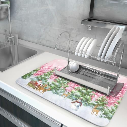 Winter Dish Drying Mat for Kitchen Counter Holiday Home Decoration Large (Winter Forest Colorful / 24" x 18")