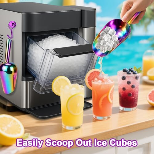 Stainless Steel Ice Scoop for Freezer with Magnetic Hook & Ice Tongs (6oz / Colorful)