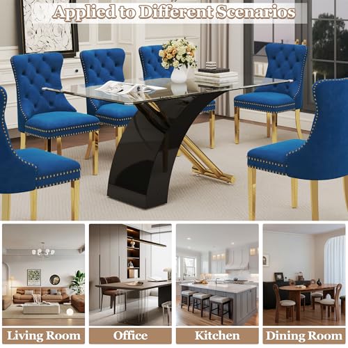 7 Piece Glass Dining Table Set for 6 (Black Table & Gold Blue Chair / 7-Piece Set-X-Shaped Table)
