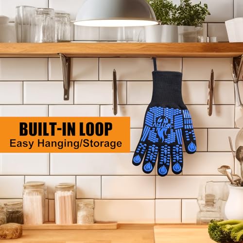 BBQ Gloves 1472°F Heat Resistant with Silicone Grip Oven Mitts (Blue-two / Short (Glove L 11.51" × Palm W 6.33"))