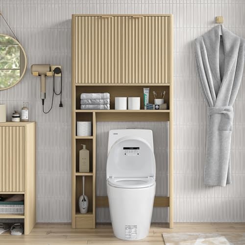 31''W Over Toilet Storage Cabinet Modern Above Toilet Shelf Cabinet with Fluted Doors & Toilet Paper Storage Holder for Bathroom (Natural Oak / Fluted Doors Over Toilet Cabinet)