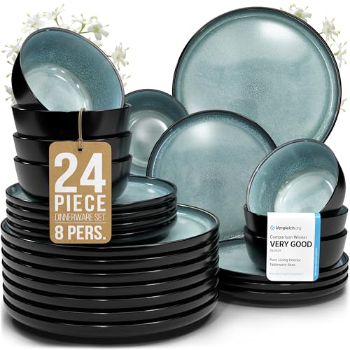 24 Piece Stoneware Dinnerware Set for 8 (Dark / Petrol / Set for 8 (24pcs))