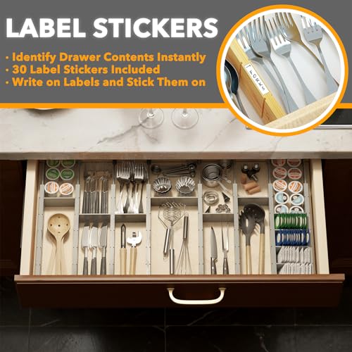 Bamboo Drawer Dividers with Inserts and Labels (2.35''H, 17''-22''L, 10 Dividers / GRAY)