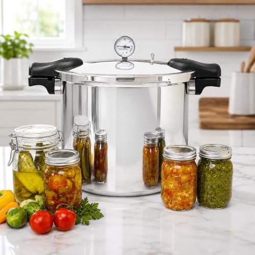 Pressure Canner Release Valve Aluminum Canning Pot Cooker Pot Stove Top with Pressure Gauge Instant Fast Cooking Pot Stewing Locking System (23.3 Quarts)