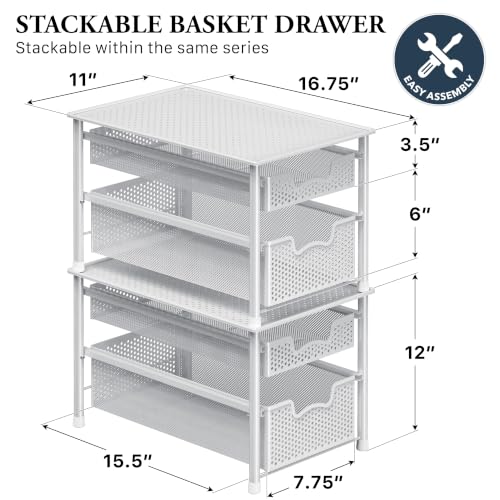 Stackable 2 Tier Sliding Basket Organizer Drawer (2-Tier / White)