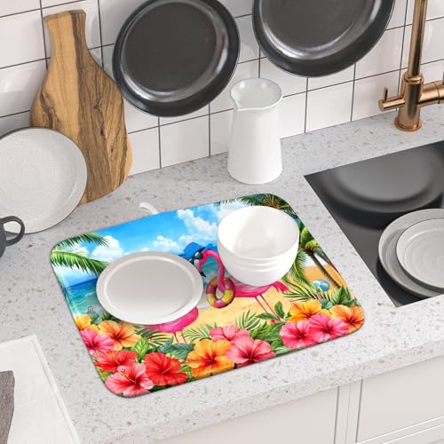 Summer Flamingos Dish Drying Mat 16x18 inch Tropical Beach Microfiber Washable Dish Rack Mats Drainer Pad for Counter Kitchen Table Decor (Summer Flamingos / 16" x 18")