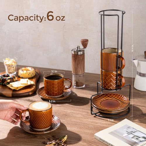 6 OZ Coffee Mugs with Saucer and Stand (Caramel / 6 Ounce (With Stand))