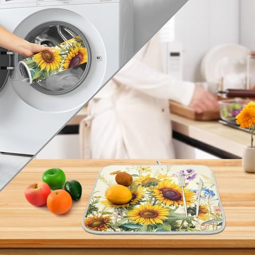 Blooming Sunflowers Dish Drying Mat for Kitchen Counter Absorbent Microfiber Large Drying Pad Dish Mats for Kitchen Countertops 18 x 24 Inch (24" x 18")