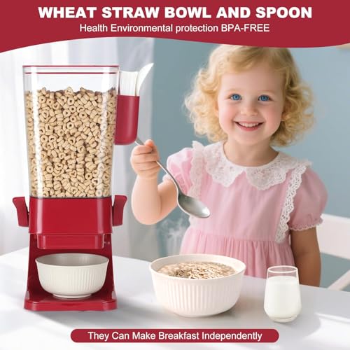 Cereal Dispenser Countertop Red 2 Pack with Creal Bowls Spoons Cutlery Box (Red - 2pack)