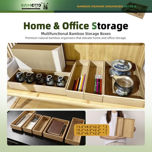 Stackable Bamboo Drawer Organizer Set of 5 for Kitchen (Bamboo (5 Piece Set) / 19.2" L x 13.3" W x 2.2" H)