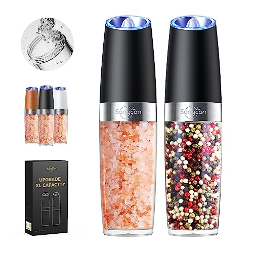 Gravity Electric Salt and Pepper Grinder Set Shakers UPGRADED 9OZ XL CAPACITY Battery Powered Refillable Automatic One Hand Operation Adjustable Coarseness Mill Grinder Set for Kitchen (Battery Powered Set/Black XL)