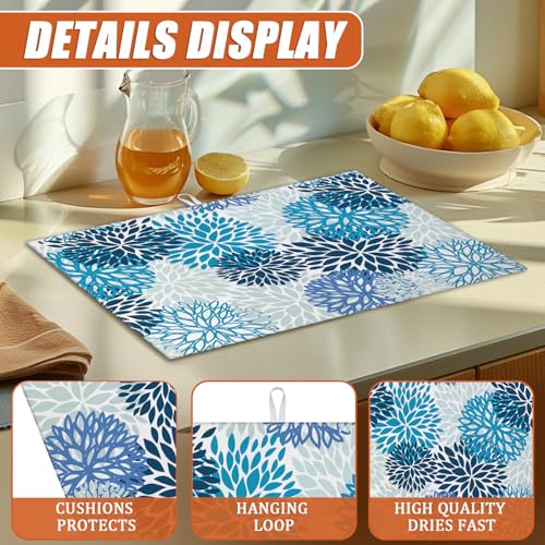 Blue Floral Dish Drying Mat for Kitchen Counter Microfiber Absorbent Dish Kitchen Drying Mat Draining Reusable Washable for Dishes