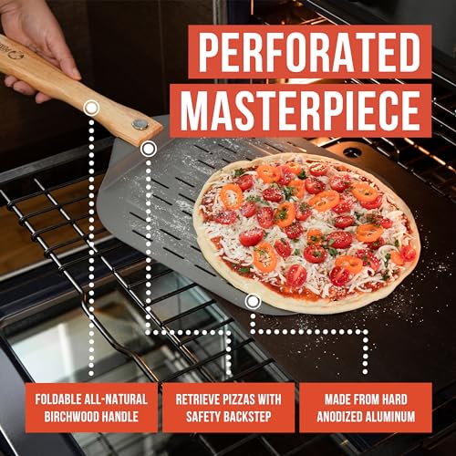 Perforated Aluminum Pizza Peel 12x14 in Foldable Wood Handle