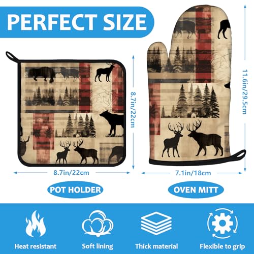 Deer and Bear Oven Mitts and Pot Holders Sets Heat Resistant 4Pcs Wild Animal Potholders Oven Gloves Hot Pads for Kitchen Baking Cooking Grilling BBQ (Deer and Bear)