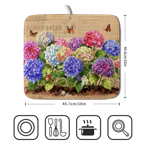 Vintage Hydrangea Dish Drying Mat Watercolor Floral Microfiber Absorbent Dish Drying Pad for Kitchen Counter Small (Vintage Hydrangea Brown / 18" x 16")
