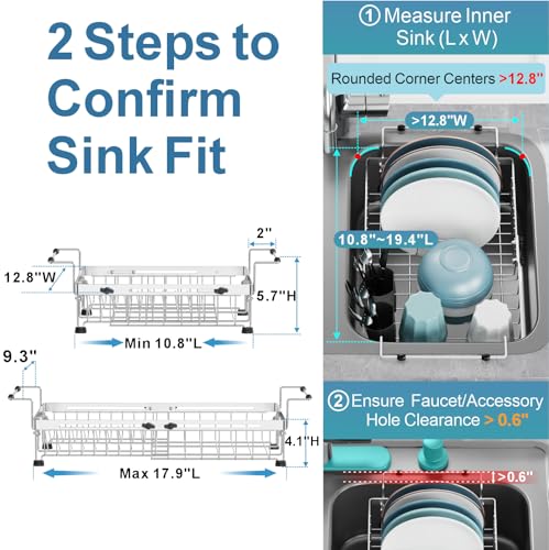 Dish Drying Rack Over the Sink (Silver / For 14"-30"W Sinks | 12.8"W Rack)