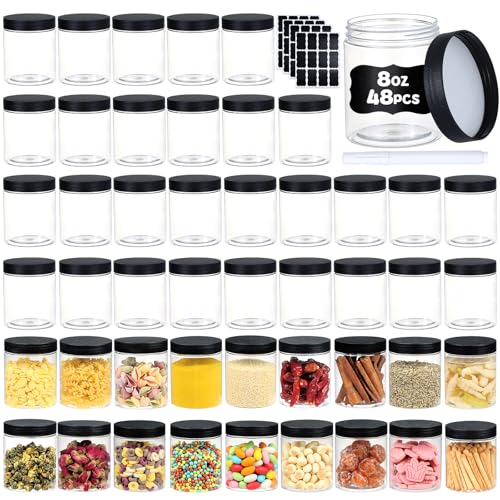 48 PCS 8 OZ Plastic Jars with Screw On Lids (black / 8 Ounce)