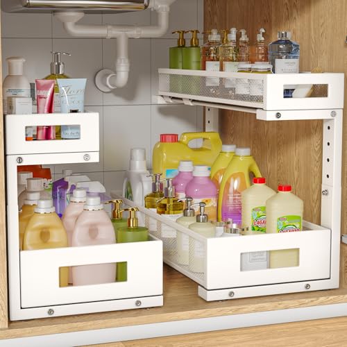 2 Pack 19IN Depth Under Sink Storage Organizer (White / 2 Pack-19"Dx11.4"-16.14"H)