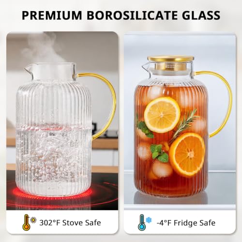 3 Liter 101 oz Stripes Gold Glass Pitcher with Lid and Handle (Stripes Gold / 101.4 Ounces)