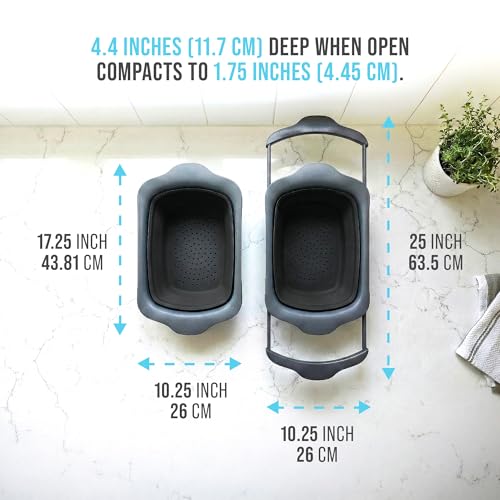 Over-the-Sink Colander with Handles – Sleek Plastic Black Kitchen Strainer for Pasta, Vegetables & Fruits – Space-Saving Design – 17.1 x 10.2 x 1.75 Inches