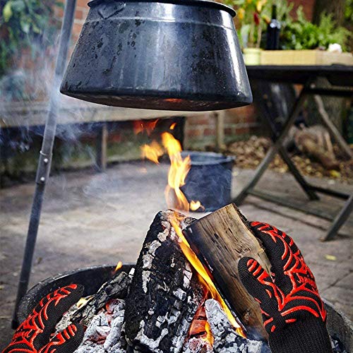 Grill Gloves Heat Proof for Men Grilling BBQ Heat Resistant Gloves (Black & Red / Mid Cuff - Medium Palm)