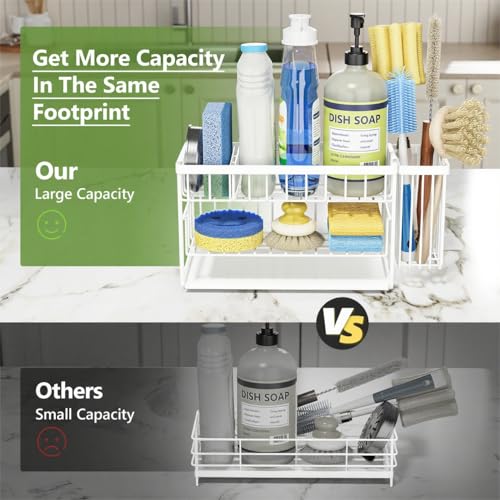 White 2 Tier Kitchen Sink Caddy Organzier Rack with Flexible Dish Brush Holder (White / Medium)