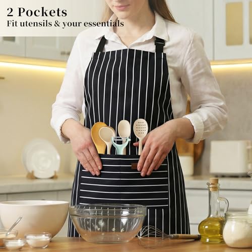 2 Pack Cooking Aprons Adjustable Bib Apron for Women with 2 Pockets (Black/Black Stripes)