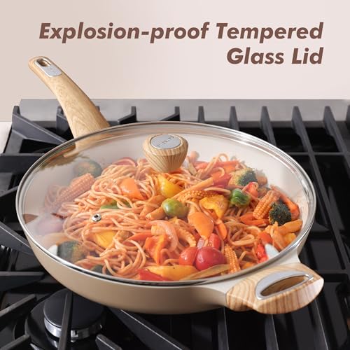 12.5inch Ceramic Nonstick Frying Pan Paella Pan with Lid (12.5 Inch / TAFFEE Taupe)