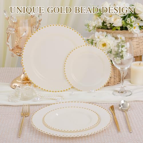 100pcs Ivory Plastic Plates with Gold Beads for Wedding & Party (100 Count)