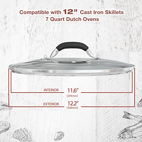 12 Inch Tempered Glass Pot Lid Compatible with 12” Lodge Cast Iron Skillets and 7 Quart Dutch Ovens (12 INCH)