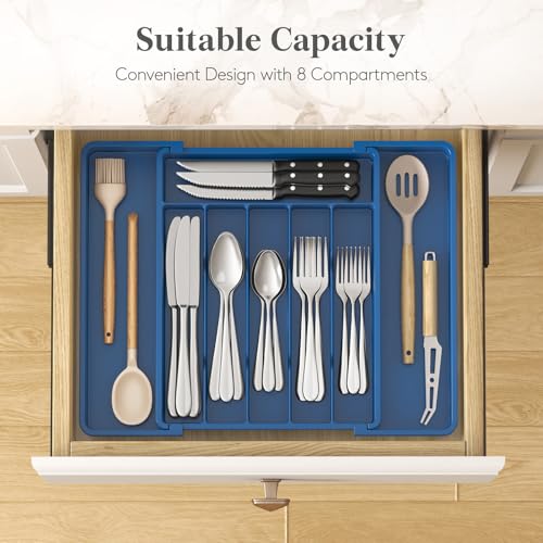Expandable Silverware Drawer Organizer (Dark Blue / Large (11-18''W x 14''D))