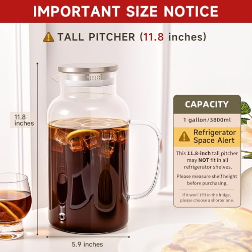 1 Gallon 3.8L Glass Pitcher with Lid and Spout (128 Ounces)