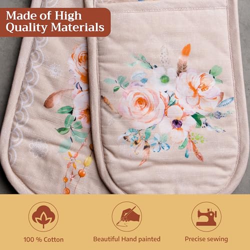 Double Oven Mitts 100% Cotton Double Oven Glove (065 - Ibiza - Beige / 7" x 35" (Double Oven Mitt))