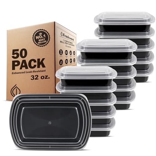 Meal Prep Containers [50 Pack] 1 Compartment with Lids (Black / 32OZ-50PK)