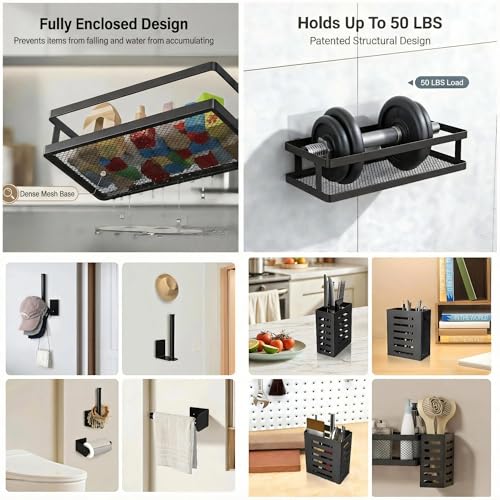 5-in-1 Shower Caddy & Kitchen Organizer Set, Wall Mount Wide Spice Rack with Paper Towel Holder, Utensil Holder, Soap Dish, Rustproof Mesh Baskets Hold 50LBS - Matte Black, Guardrail (Matte Black / 5-in-1 Minimalist (12.6" Wide))
