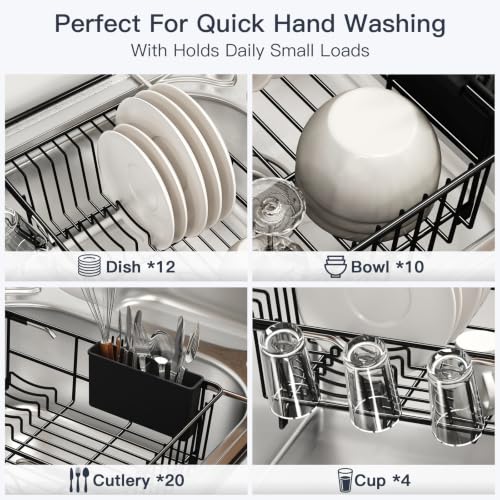 Expandable Dish Drying Rack Over Sink with Extra Drainboard (Black / For 11.5"-16" W Sink with Cup Holder & Drainboard)