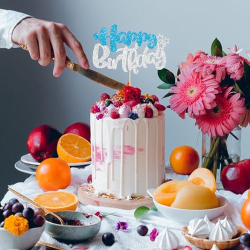 1Pcs Happy Birthday Cake Topper Glitter Happy Birthday Cake Pick for Winter Wonderland Baby Shower Theme Anniversary Party Decorations Supplies Blue Silver (Style 2 / Blue Silver)