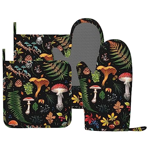 Mushroom Oven Mitts and Pot Holders Sets Silicone Mushrooms Kitchen Mitts Potholders Heat Resistant 4Pcs Oven Gloves Hot Pads for Kitchen Baking Cooking BBQ Grilling (Mushrooms)