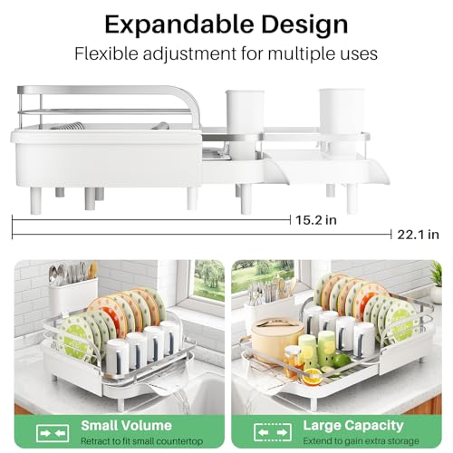 Expandable Dish Drying Rack for Small Kitchen Counter (White)